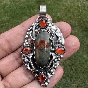 Artisan Sign CSHR Handcrafted Gemstone Sterling Silver Pendant 2 1/3" USA‎ 16.2g